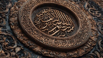 Intricate wood and copper circular carving featuring Arabic calligraphy or ornamental floral designs set against dark textured background.
