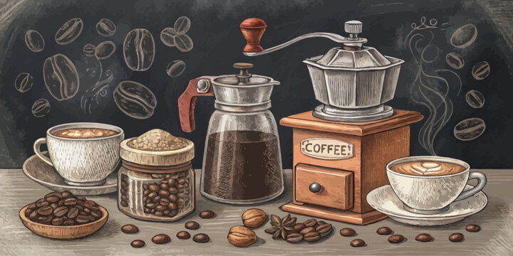 Hand drawn chalkboard illustration set of coffee bar elements and beverage equipment for cafe menu