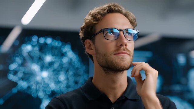 Confident young man in glasses thoughtfully looking ahead in a modern tech office, illuminated by futuristic digital screens. He embodies innovation and forward thinking leadership