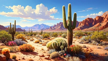 Sunny desert vista featuring towering cacti, sparse foliage, rugged red rock formations, and a vast, open landscape under a vibrant blue sky with fluffy clouds