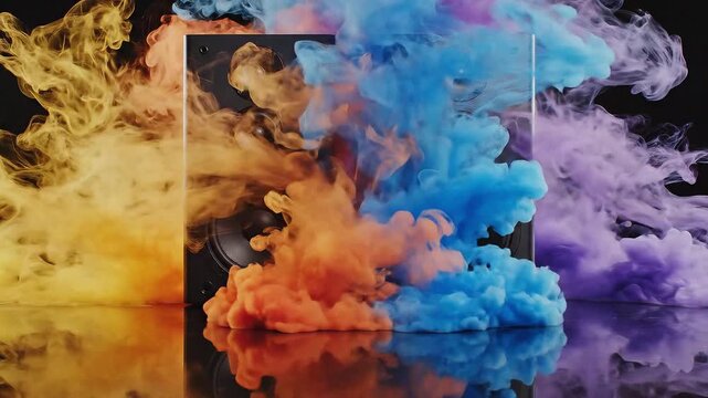 Vibrant smoke in orange, blue, and purple surrounds speakers