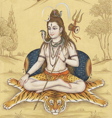 Lord Shiva in Traditional Indian Miniature Painting Style