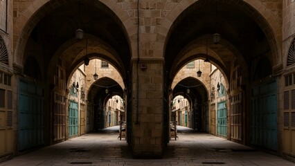 Fototapeta premium Empty historic souk alleyway with arched entrances in Nablus at sunny midday