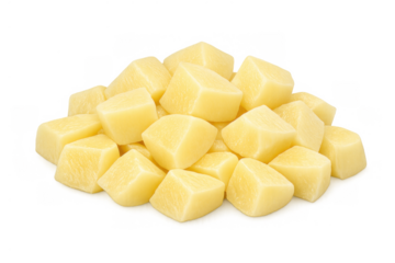 Diced raw potato cubes creating a heap, peeled organic vegetable food ingredient, isolated on transparent background