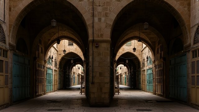 Empty historic souk alleyway with arched entrances in Nablus at sunny midday