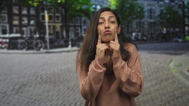 Woman pressing cheeks with index fingers on a cobblestone street in a city square, facing camera; playful expression.