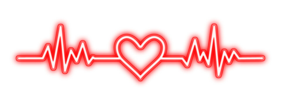 Glowing red neon heartbeat ECG line forming a heart symbol, love sign, cardiology, medical health, pulse monitoring and emergency care.