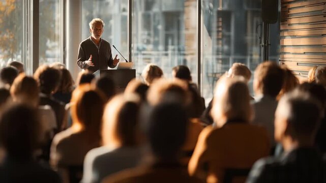 Confident speaker delivers a keynote presentation to an engaged audience in a modern conference hall. Natural sunlight streams through large windows, creating a dynamic professional atmosphere