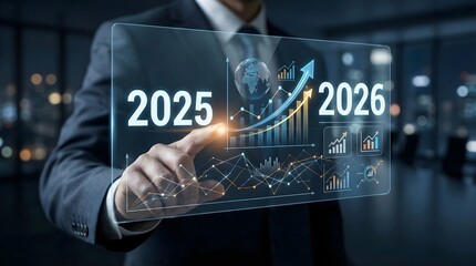Businessman pointing at futuristic screen with financial growth graph,planning for success from 2025 to 2026,innovation and economic strategy concept