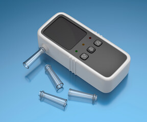 Digital breathalyzer with spare mouthpieces on shiny blue background