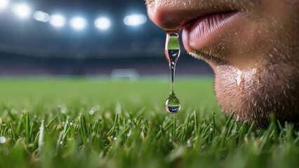 A close-up of a man's face with a drop of water hanging from his mouth on a green grass field