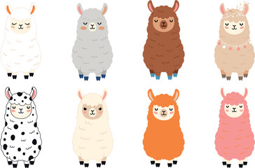 Obraz premium Cute cartoon llama and alpaca character set with colorful fur patterns, adorable animal vector illustration