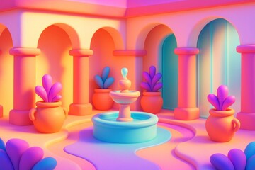 Naklejka premium Vibrant courtyard scene with colorful classical architecture, glowing plants in pots, and central decorative fountain in surreal soft lighting. Ai generative