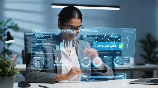 Business Professional Completing Data Process on Futuristic Holographic Workstation