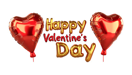 3 D text Happy Valentines Day with heart shaped balloons and gold letters isolated on a transparent background