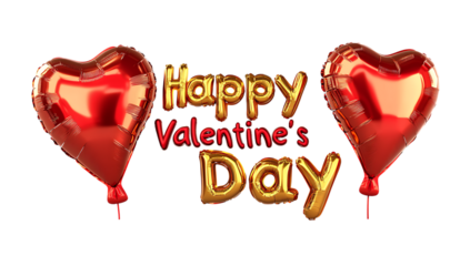 3 D text Happy Valentines Day with heart shaped balloons and gold letters isolated on a transparent background