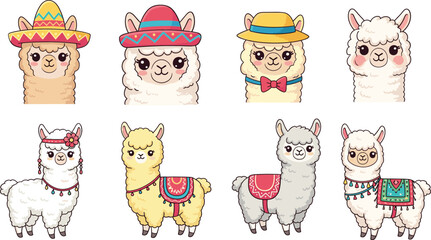 Obraz premium Cute cartoon llama character faces and full body set with festive accessories, adorable animal vector illustration