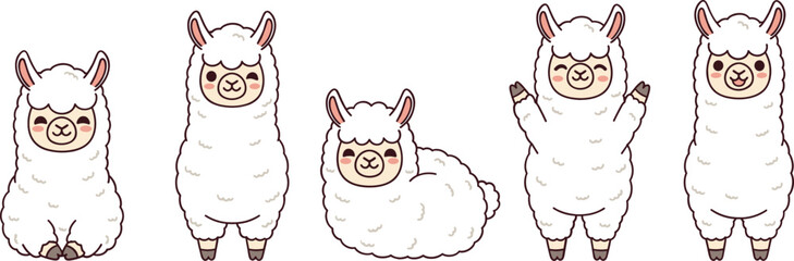 Obraz premium Cute cartoon llama character set with fluffy poses, adorable animal mascot vector illustration