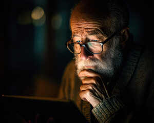Obraz premium A thoughtful elderly man gazes at a tablet, illuminated by soft light, reflecting deep concentration and contemplation.