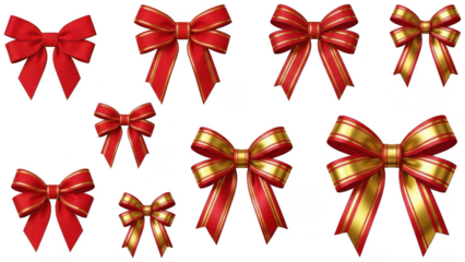 Valentine PNG, Collection of red and gold decorative ribbon bows in various sizes