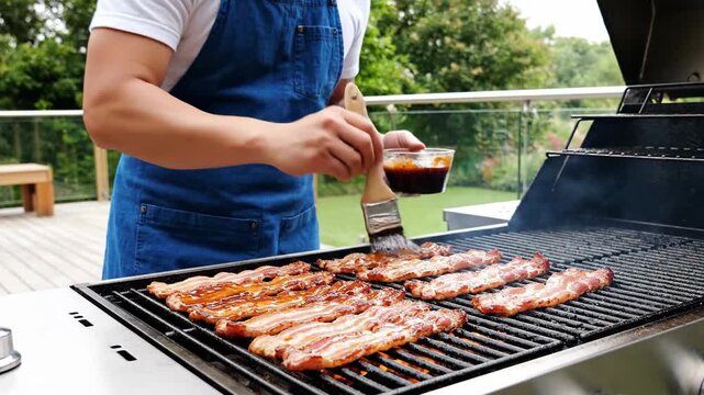 Man in blue apron grilling ribs on outdoor deck barbecue with green lawn and trees background, applying sauce