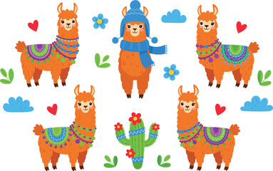 Obraz premium Cute cartoon llama character set with winter outfit and decorative blankets, colorful animal vector illustration