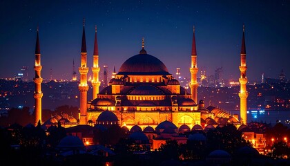 Obraz premium Illuminated Mosque at Night with City Lights and Dramatic Sky.