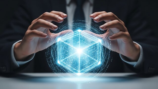 Businessman presenting glowing digital cube with hands in modern office - Powered by Adobe