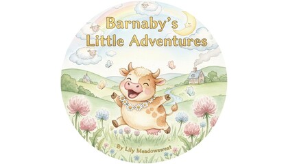 Barnaby's Little Adventures cute cow character in a pastel landscape with rolling hills and fluffy clouds