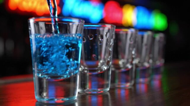 Blue Cocktail Liquid Poured into Line of Shot Glasses on Bar Counter