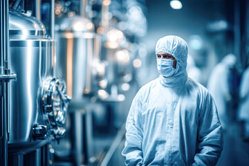 A professional in protective gear stands in a high-tech facility surrounded by stainless steel equipment, emphasizing safety and precision.