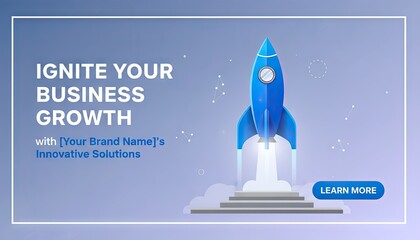 Blue Rocket Launching Into The Sky Representing Business Growth And Innovation With Digital Clouds And Stars In The Background