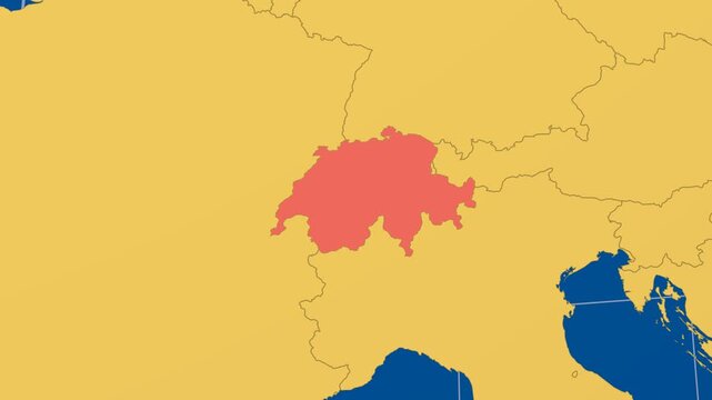 Switzerland on Globe. Animated zoom into the country in Ocean Blue Golden Yellow color palette. Switzerland logo animation. Map with meridians, parallels. Elegant video.