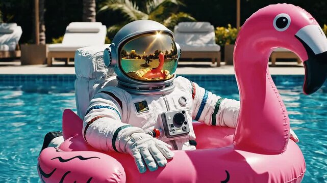 Astronaut relaxing on a pink flamingo float in pool