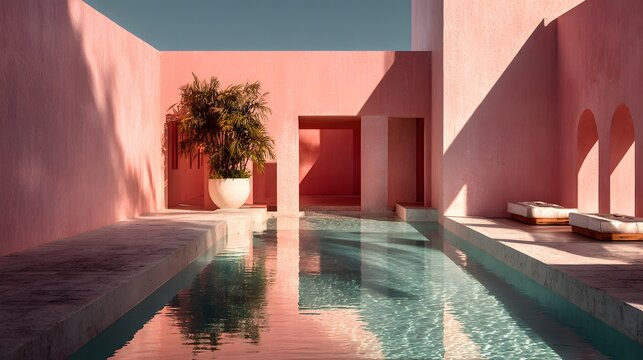 Minimalist pink architectural walls surrounding calm swimming pool with strong geometric shadows and serene atmosphere in Barragan style.