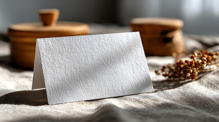 Blank white place card on textured linen tablecloth with soft natural light