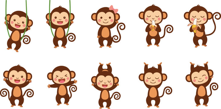 Cute cartoon monkey character set with playful expressions and actions, adorable jungle animal vector illustration collection