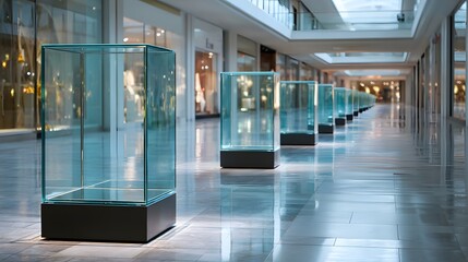Modern empty glass display cases mounted on sleek metal stands situated in spacious blurred shopping mall corridor with clear reflections.