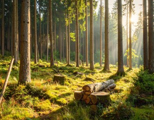 Sun rays stream through tall trees in a forest clearing, illuminating the mossy ground. Logs and tree stumps are visible