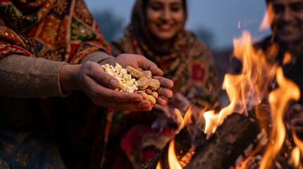 Indian women and man sharing popcorn and jaggery around bonfire. Traditional festival celebration in cultural gathering. Community bonding during winter harvest festivities with joyful family moments.