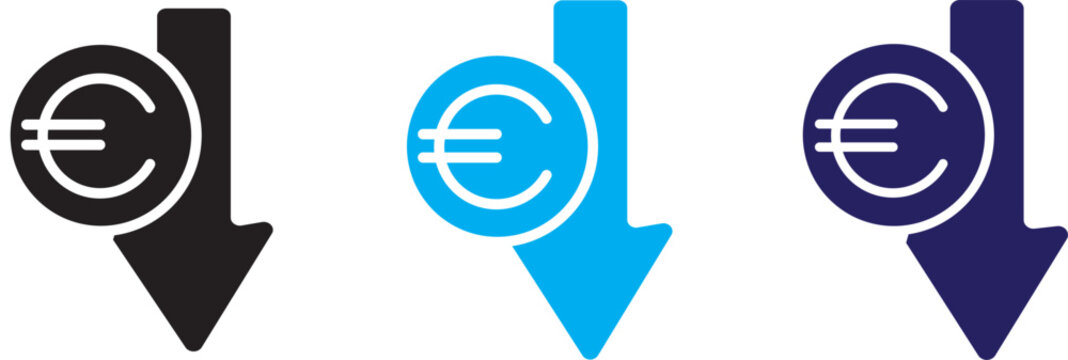 Cost reduction. Euro decrease flat vector icon. Euro decrease flat vector icons set
