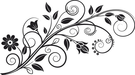 Ornamental design elements - a collection of ornate black and white floral vector elements. Each design should feature intricate swirls, curls, and botanical motifs such as leaves, vines, petals.