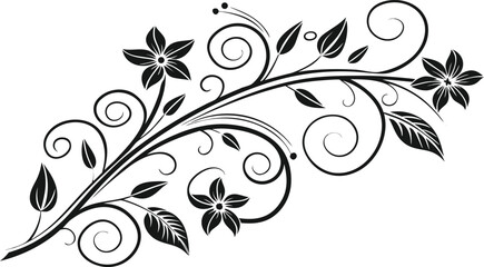 Ornamental design elements - a collection of ornate black and white floral vector elements. Each design should feature intricate swirls, curls, and botanical motifs such as leaves, vines, petals.