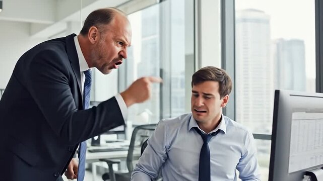 Furious Mature Businessman Screaming at Cowering Employee in Office