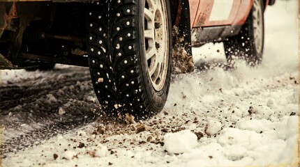 Close-up of studded winter tire providing traction on snowy road. Snow and mud splashing from rotating wheel of orange vehicle. Winter driving safety and grip performance concept for cold weather