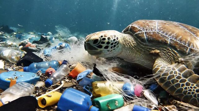 Sea turtle navigating through ocean plastic debris