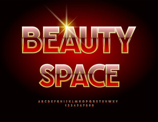 Vector Elegant logo Beauty Space.Shiny Red and Gold Font. Lavish Alphabet Letters and Numbers set