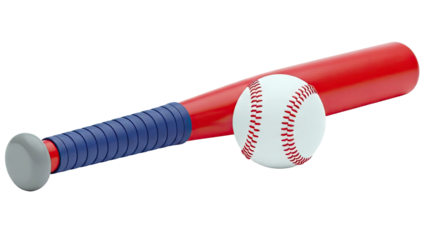 Red baseball bat with blue grip and baseball