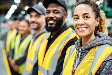 Fototapeta premium A group of smiling workers in safety vests stand together in a factory setting, showcasing teamwork and professionalism.