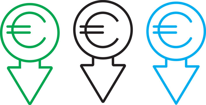 Cost reduction. Euro decrease flat vector icon. Euro decrease flat vector icons set
